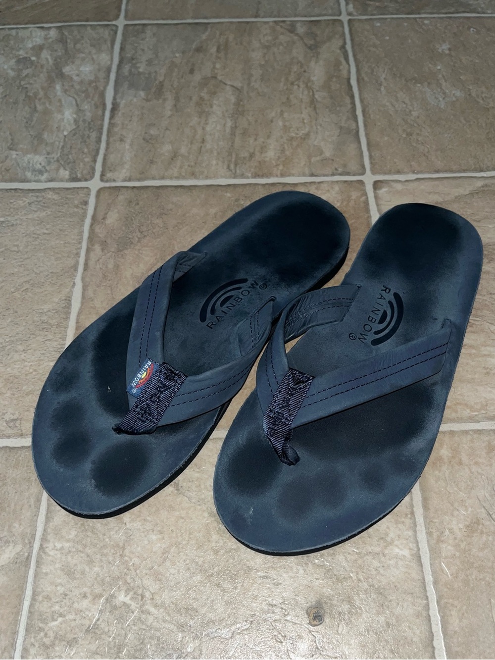 Rainbow Navy Leather Strap Flip Flops